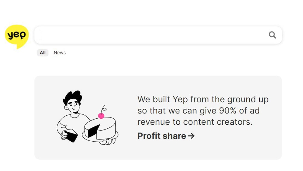 Homepage of Yep Search Engine Website