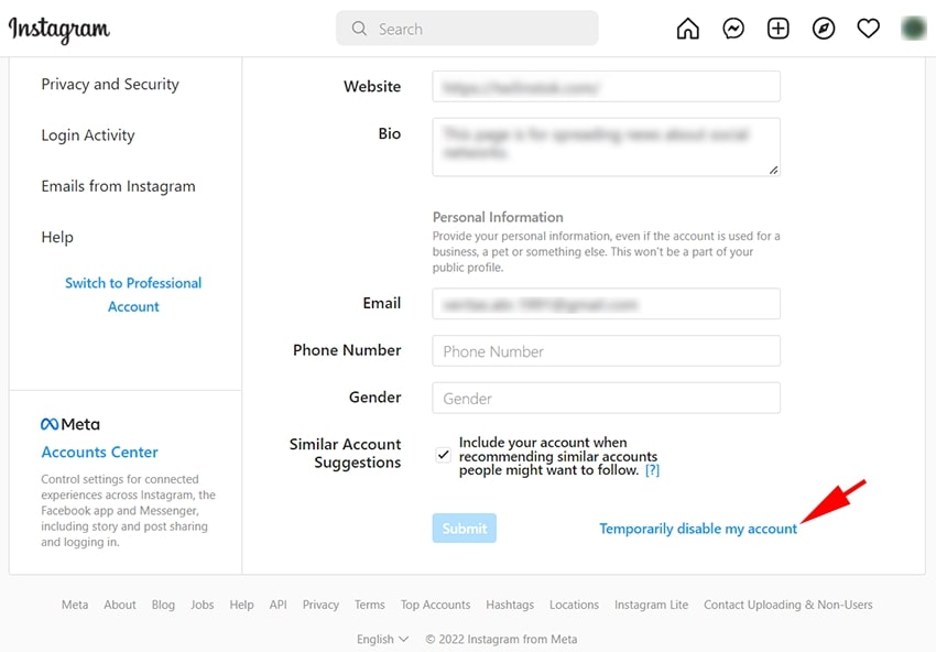 Fig 2 - How to deactivate Instagram: step 2