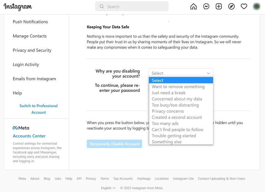 Fig 3 - How to deactivate Instagram: step 3