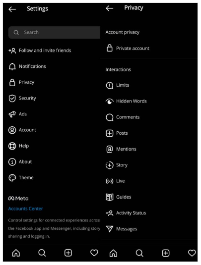 Fig 1- Select the Privacy and Private account options from left to right to make your page public.